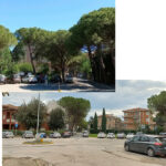 Rotatoria via Marche-viale A. Garibaldi prima e dopo taglio degli alberi