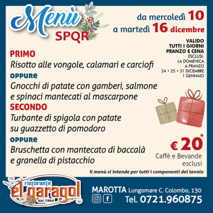 Ristorante El Garagol - Menu della settimana dal 10 al 16 dicembre 2025 Ristorante El Garagol - Menu della settimana dal 10 al 16 dicembre 2025