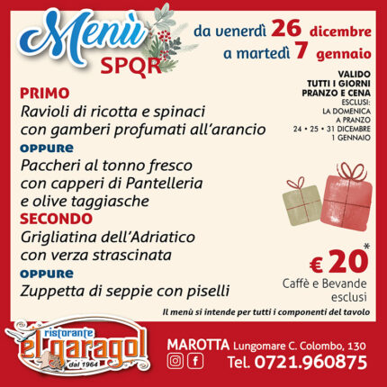 Ristorante El Garagol - Menu della settimana dal 26 dicembre 2025 al 7 gennaio 2026 Ristorante El Garagol - Menu della settimana dal 26 dicembre 2025 al 7 gennaio 2026