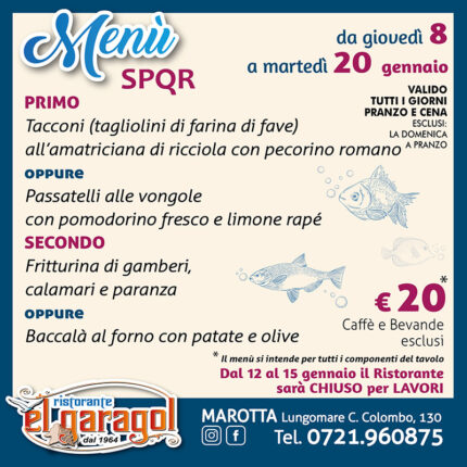 Ristorante El Garagol - Menu della settimana dall'8 al 20 gennaio 2026