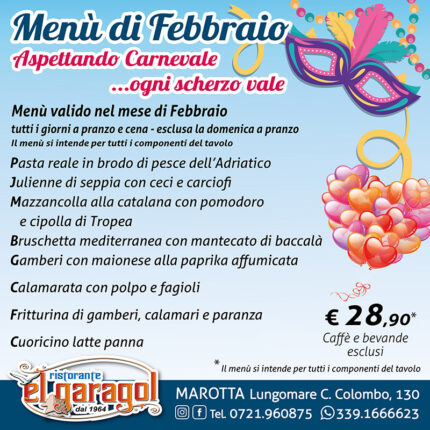 Ristorante El Garagol a Marotta di Mondolfo - Menu mese di febbraio 2026 Ristorante El Garagol a Marotta di Mondolfo - Menu mese di febbraio 2026