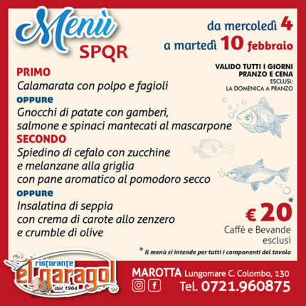 Ristorante El Garagol - Menu della settimana dal 4 al 10 febbraio 2026