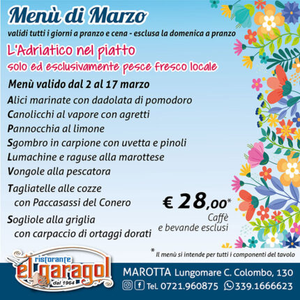 Ristorante El Garagol a Marotta di Mondolfo - Menu mese di marzo 2026 Ristorante El Garagol a Marotta di Mondolfo - Menu mese di marzo 2026