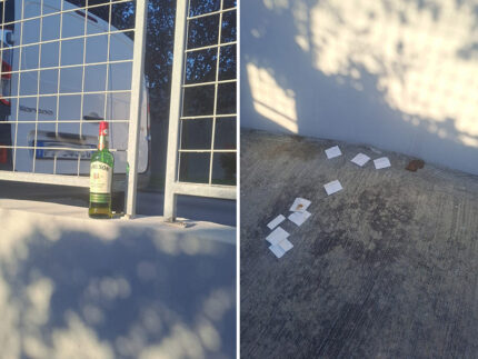 Bottiglia abbandonata ed escrementi a terra a Borgo Coltellone