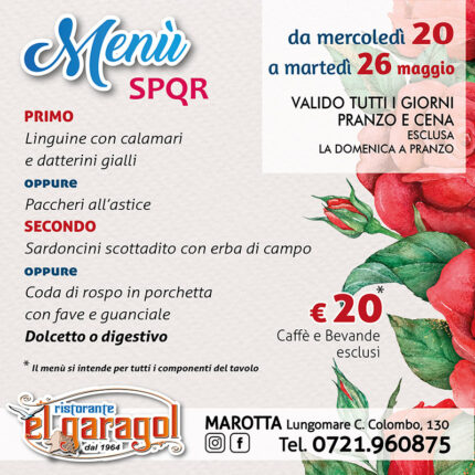 Ristorante El Garagol - Menu della settimana dal 20 al 26 maggio 2026 Ristorante El Garagol - Menu della settimana dal 20 al 26 maggio 2026