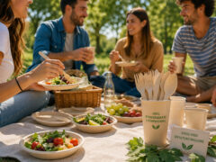 Prodotti monouso biocompostabili per pic-nic: piatti, bicchieri, posate