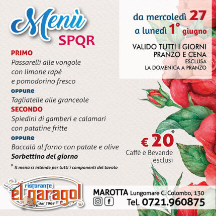 Ristorante El Garagol - Menu della settimana dal 27 maggio al 1° giugno 2026