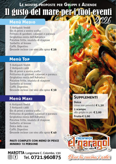 Ristorante El Garagol a Marotta di Mondolfo - Menu per gruppi e aziende estate 2026 Ristorante El Garagol a Marotta di Mondolfo - Menu per gruppi e aziende estate 2026