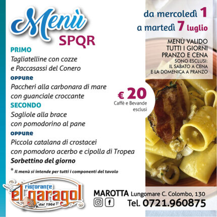 Ristorante El Garagol - Menu della settimana dal 1° al 7 luglio 2026 Ristorante El Garagol - Menu della settimana dal 1° al 7 luglio 2026