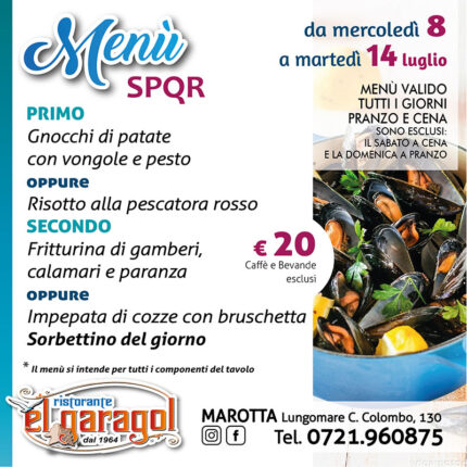 Ristorante El Garagol - Menu della settimana dall'8 al 14 luglio 2026 Ristorante El Garagol - Menu della settimana dall'8 al 14 luglio 2026