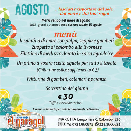 Ristorante El Garagol a Marotta di Mondolfo - Menu mese di agosto 2026