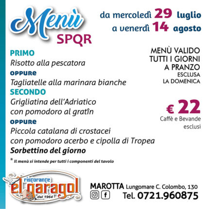 Ristorante El Garagol - Menu della settimana dal 29 luglio al 14 agosto 2026