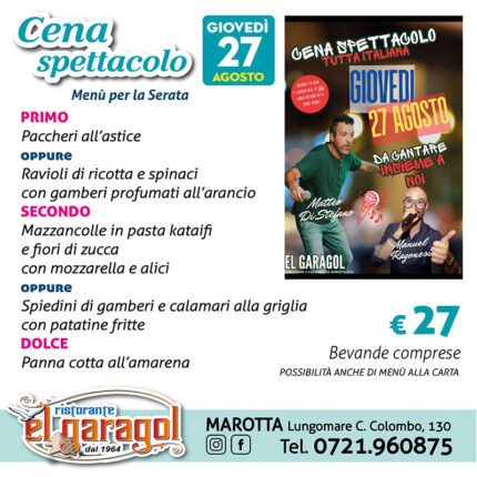 El Garagol - Cena spettacolo il 27 agosto 2026 El Garagol - Cena spettacolo il 27 agosto 2026