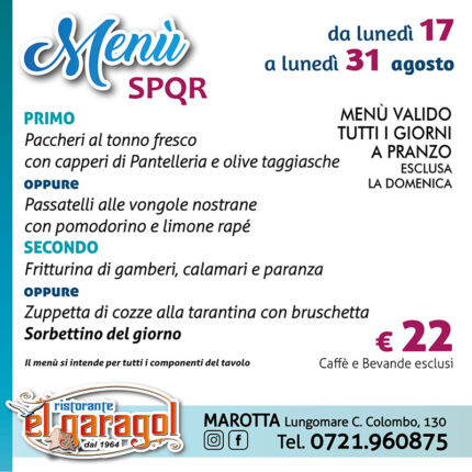 Ristorante El Garagol - Menu della settimana dal 17 al 31 agosto 2026