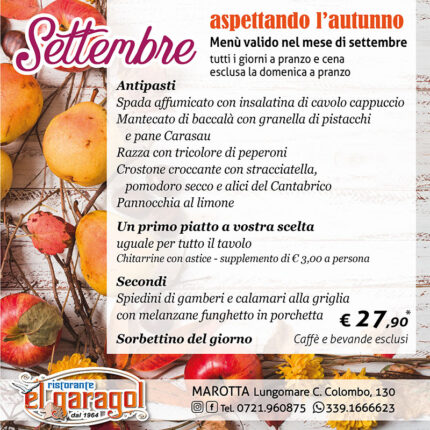 Ristorante El Garagol a Marotta di Mondolfo - Menu mese di settembre 2026 Ristorante El Garagol a Marotta di Mondolfo - Menu mese di settembre 2026