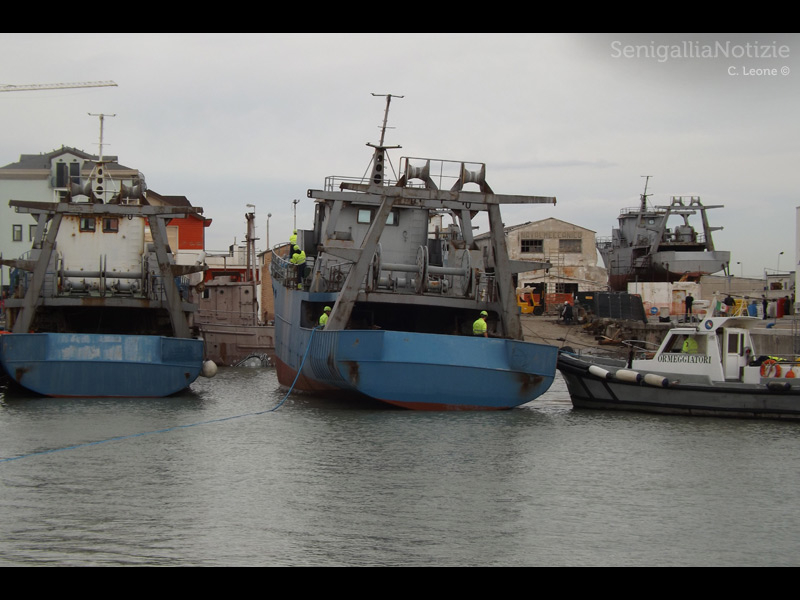 Manovre in acqua per il peschereccio nel porto di Senigallia